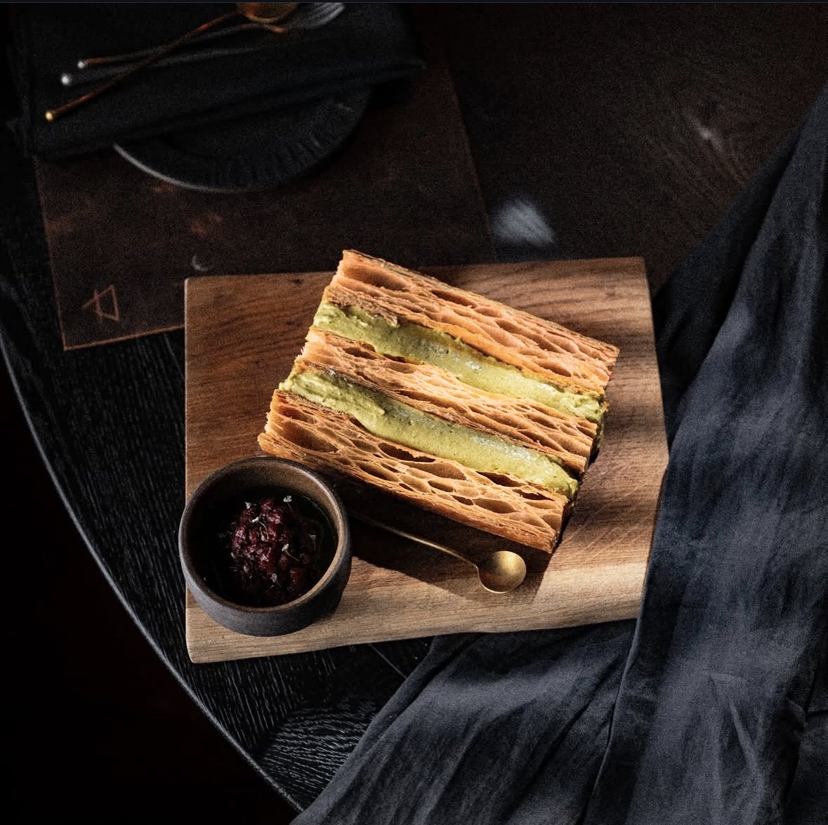 Handmade puff pastry, Pistachio custard, Sour cherry, Basil